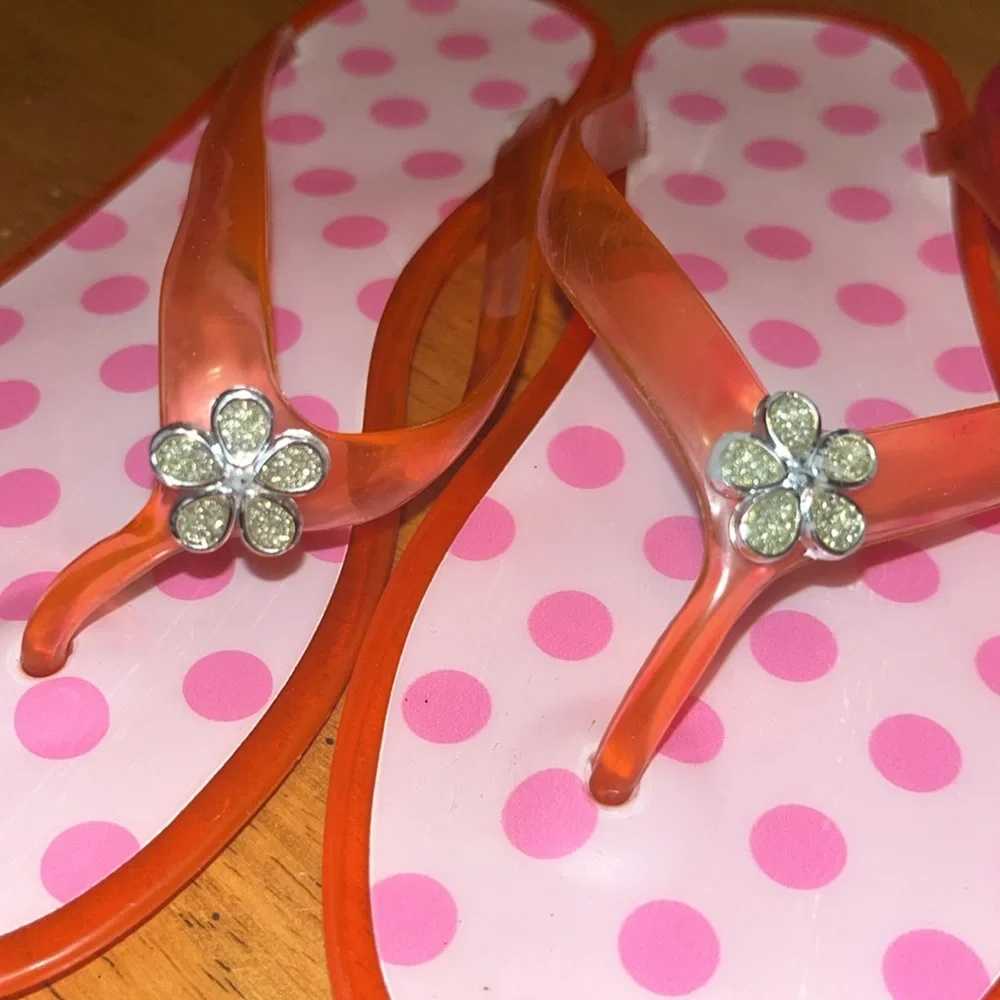 Girls Flip Flops size 1-2 Pink Black White Polka Dot Gem Flower Accent 2 Pair